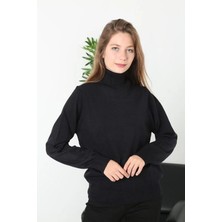 Freedom Kadın Tam Boğazlı Balıkçı Yaka Kazak Uzun Kol Düz Dokuma Triko - Siyah