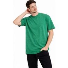 Freedom Erkek Asit Yıkama Bisiklet Yaka Kısa Kollu Oversize T-Shirt Tişört - Yeşil