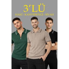 Freedom Erkek Triko Tişört Fermuarlı Polo Yaka Kısa Kol T-Shirt 3’lü Set Siyah-Kahve-Haki
