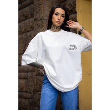 Freedom Bisiklet Yaka Baskılı Oversize T-Shirt - Beyaz -