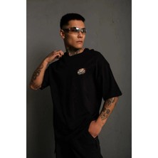 Freedom Bisiklet Yaka Baskılı Oversize T-Shirt - Siyah -