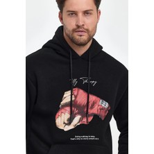 Freedom Kapüşonlu Üç Iplik Oversize Baskılı Sweatshirt - Siyah -