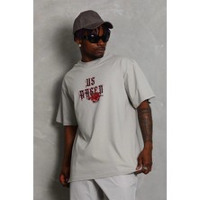 Freedom Oversize Baskılı Bisiklet Yaka T-Shirt - Gri -