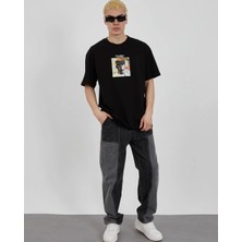 Freedom Bisiklet Yaka Baskılı Oversize T-Shirt - Siyah
