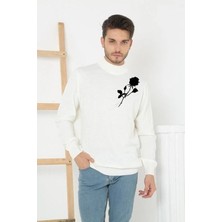 Freedom Baskılı Yarım Boğazlı Uzun Kol Dokuma Triko - Beyaz