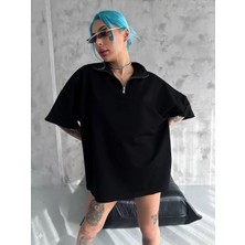 Freedom Yarım Fermuarlı Basic T-Shirt - Siyah -
