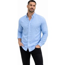 Freedom Erkek Keten Kumaş Oversize Uzun Kollu Rahat Kalıp Gömlek - Açık Mavi