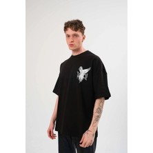 Freedom Bisiklet Yaka Baskılı Oversize T-Shirt - Siyah -