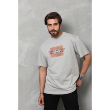 Freedom Bisiklet Yaka Baskılı Oversize T-Shirt - Gri -