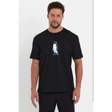 Freedom Erkek T-Shirt Penguen Baskılı Bisiklet Yaka Kısa Kol Yazlık Tişört - Siyah
