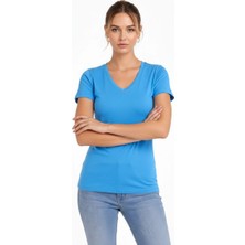 Freedom Kadın T-Shirt V Yaka Slim Fit Likralı Tişört Yazlık Basic Body - Açık Mavi