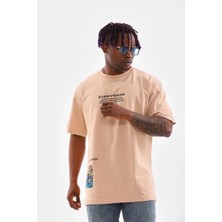 Freedom Bisiklet Yaka Baskılı Oversize T-Shirt - Bej -