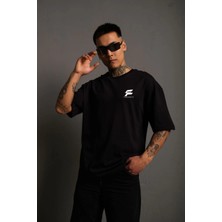 Freedom Bisiklet Yaka Baskılı Oversize T-Shirt - Siyah -