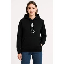 Freedom Kadın 3 Iplik Pamuklu Kapüşonlu Hoodie Sweatshirt Nihilist Penguen Baskılı - Siyah