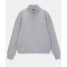 Freedom Oversize Yarım Farmuarlı Yakalı Basic Sweatshirt - Gri -