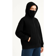 Freedom Samuray Ninja Çift Kapşonlu Zıp Fermuarlı Kanguru Çepli Hoodie Maske Detaylı  Sweatshirt - Siyah