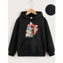 Freedom Çocuk   Kapüşonlu Tatlı Kedi Baskılı Sweatshirt - Siyah