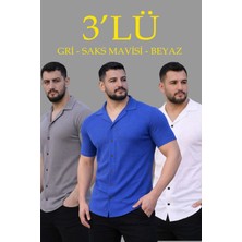 Freedom Erkek Waffle Kumaş Yakalı Kısa Kol Düğmeli Gömlek 3’lü Set Gri-Saks Mavisi-Beyaz