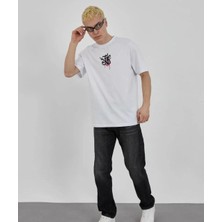 Freedom Bisiklet Yaka Baskılı Oversize T-Shirt - Beyaz