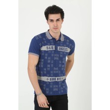 Freedom Yakalı Slim Fit Baskılı T-Shirt - Mavi -