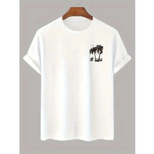 Freedom 20/1 Penye Compack Palmiye Baskılı Oversize Bisiklet Yaka Kısa Kol T-Shirt - Beyaz -