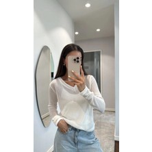 Freedom Kadın V Yaka Uzun Kollu Triko Ince Bluz - Beyaz