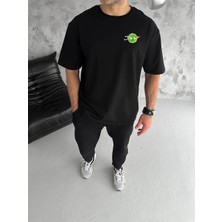 Freedom Bisiklet Yaka Baskılı Oversize T-Shirt - Siyah -