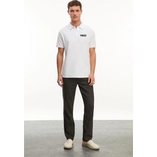 Freedom Yakası Düğmeli Yakalı Pike Baskılı T-Shirt - Beyaz