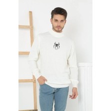 Freedom Baskılı Yarım Boğazlı Uzun Kol Dokuma Triko - Beyaz