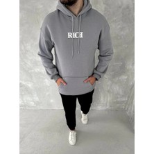 Freedom Uzun Kol Kapüşonlu Göğüs Baskılı Sweatshirt - Gri