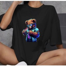 Freedom Bisiklet Yaka Baskılı Oversize T-Shirt - Siyah -