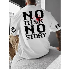 Freedom No Risk No Story Baskılı Oversize Bisiklet Yaka T-Shirt - Beyaz -