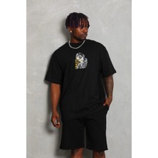 Freedom Oversize Baskılı Bisiklet Yaka T-Shirt - Siyah -