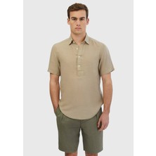 Ramsey Vizon Düz Casual Fit Kısa Dokuma Casual %100 Keten Gömlek