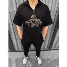 Freedom Yarım Fermuarlı Baskılı Oversize T-Shirt - Siyah -