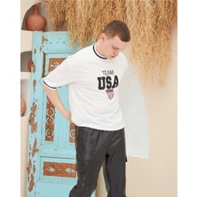 Freedom Nakış Işlemeli Ribanalı Oversize T-Shirt - Beyaz