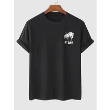 Freedom 20/1 Penye Compack Palmiye Baskılı Oversize Bisiklet Yaka Kısa Kol T-Shirt - Siyah -