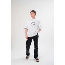 Freedom Bisiklet Yaka Baskılı Oversize T-Shirt - Beyaz -