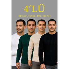 Freedom Fitilli Triko Kazak 4’lü Set – Beyaz, Haki, Bej, Siyah | Kalın Dokuma Pamuklu Regular Fit Bisiklet Yaka Uzun Kollu Kışlık ve Baharlık Rahat Triko Kombini