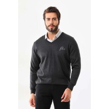 Freedom Baskılı V Yaka Uzun Kol Dokuma Triko - Füme -