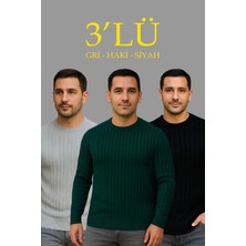 Freedom Fitilli Triko Kazak 3’lü Set – Gri, Haki, Siyah | Kalın Dokuma Pamuklu Regular Fit Bisiklet Yaka Uzun Kollu Kışlık ve Baharlık Rahat Triko Kombini