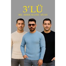 Freedom Fitilli Triko Kazak 3’lü Set – Bej, Bebek Mavisi, Siyah | Kalın Dokuma Pamuklu Regular Fit Bisiklet Yaka Uzun Kollu Kışlık ve Baharlık Rahat Triko Kombini