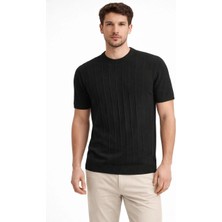Erkek Yazlık Fitilli Triko Tişört Kısa Kol Bisiklet Yaka T-Shirt - Siyah