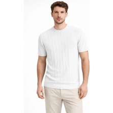 Erkek Yazlık Fitilli Triko Tişört Kısa Kol Bisiklet Yaka T-Shirt - Beyaz