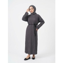 Miostil Pilise Dokulu Kemer Detay Elbise-Antrasit