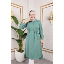 Miostil Kadın Yırtmaç Detaylı Kuşaklı Gömlek Yaka Boydan Düğmeli Uzıun Tesettür Tunik-Mint