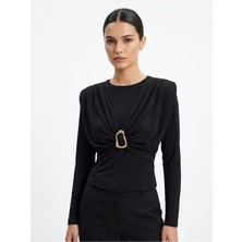 Miostil Omuz Büzgülü Toka Detay Bluz-Siyah