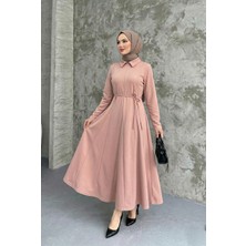 Miostil Yaka Fermuar Detay Elbise-Pudra