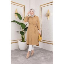 Miostil Kadın Yırtmaç Detaylı Kuşaklı Gömlek Yaka Boydan Düğmeli Uzıun Tesettür Tunik-Karamel