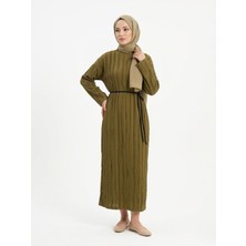 Miostil Pilise Dokulu Kemer Detay Elbise-Yağ Yeşili